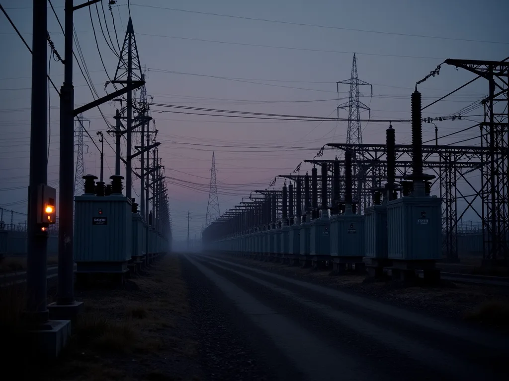 Unified Utilities substation infrastructure at dusk