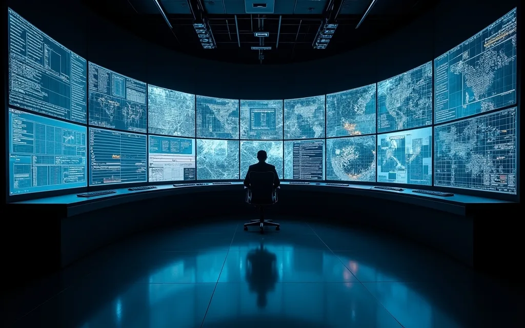 Unified Utilities grid operations centre: a curved wall of network status screens