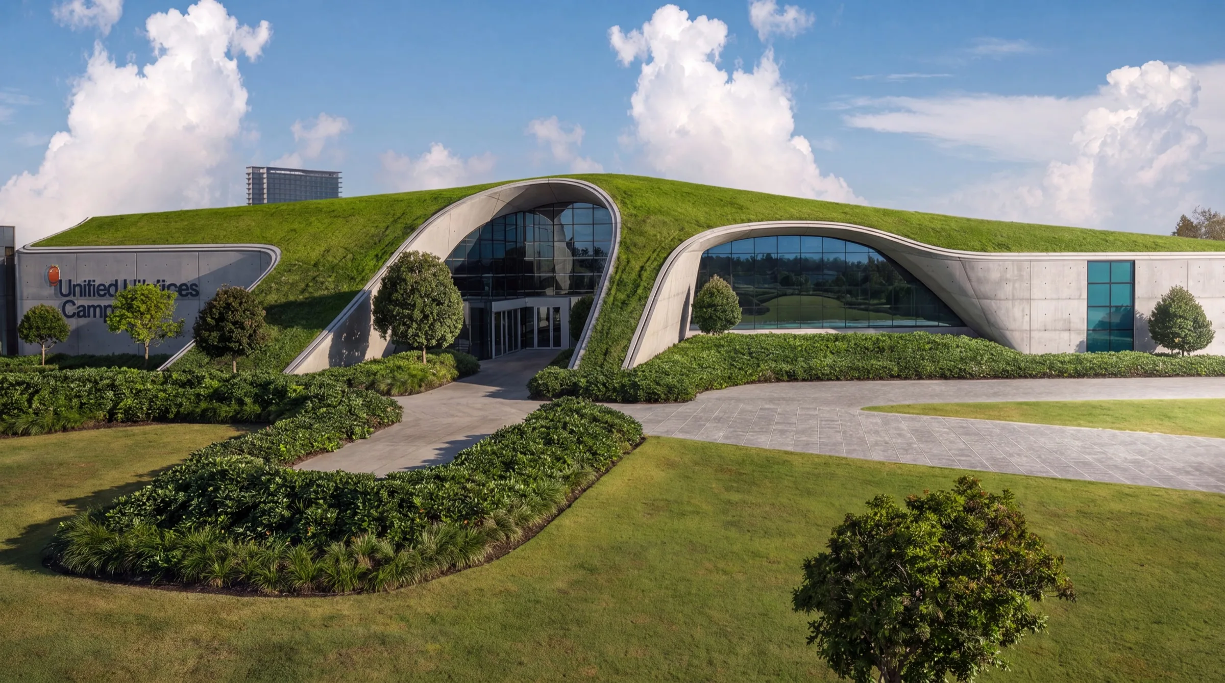 Unified Utilities Campus headquarters, a curved concrete building under a living green roof with a landscaped approach